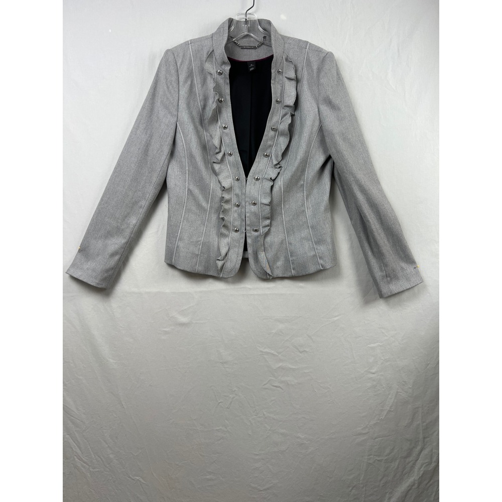 White House Black Market Blazer Women 14 Grey Ruffle Herringbone Military Jacket